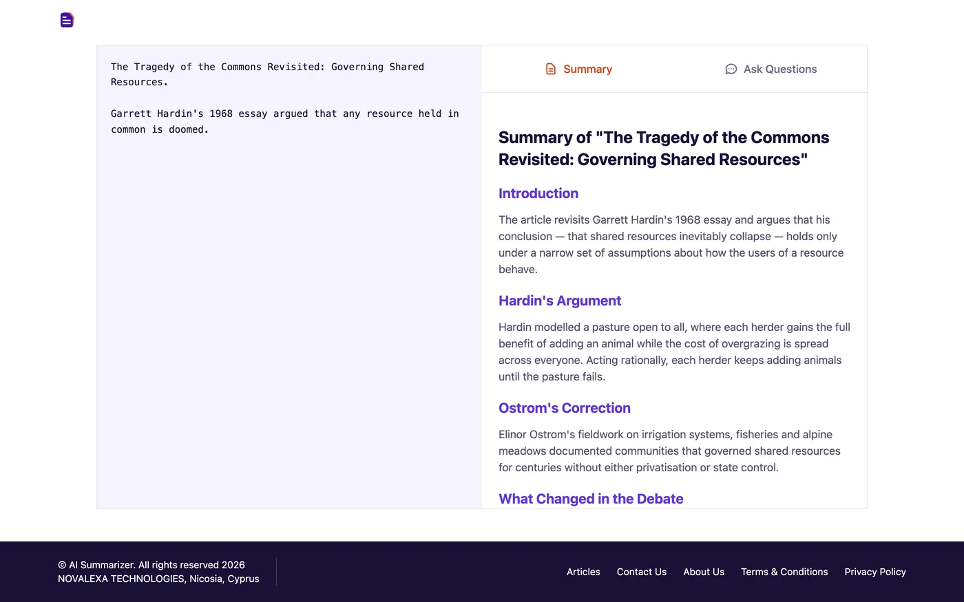 The finished summary beside the original text, with the chat tab